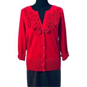 Valentines Day Red Cardigan Sweater Button Up Front Appliquéd w. 3D Roses Large